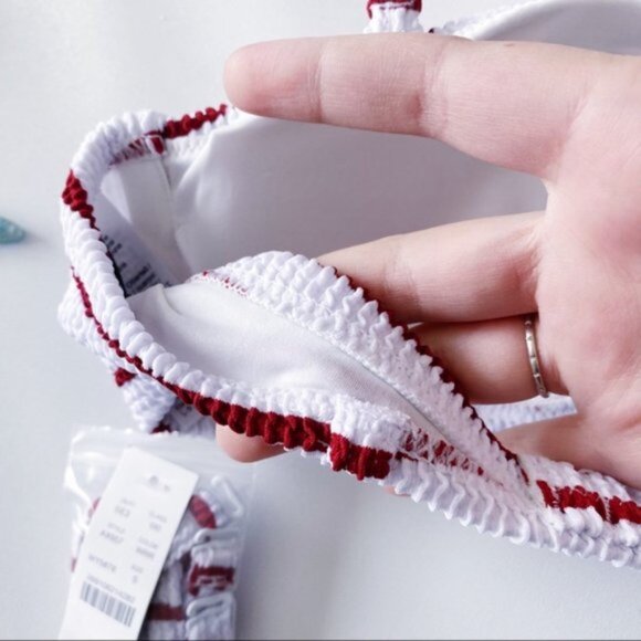 J. Crew | Scrunchie Ring Bandeau Bikini Top Stripe White Racing Red Textured New - Picture 11 of 15